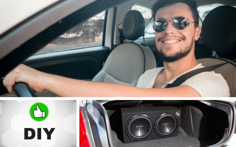 Image of a guy smiling and subwoofer install collage