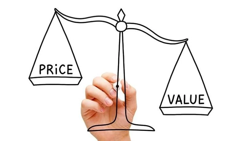 Image of a scale showing price vs value weighing