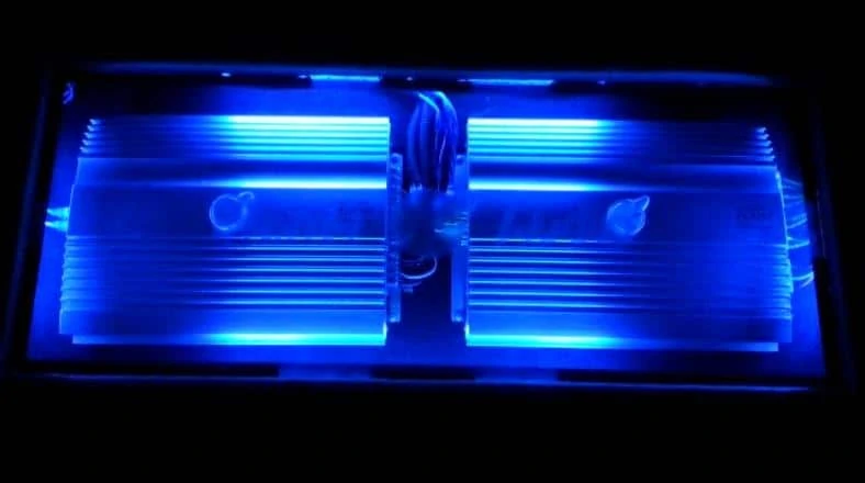 Custom car amp rack with Planet Audio amps and backlighting