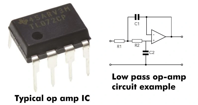 Image showing a typical op amp IC and low pass crossover circuit example