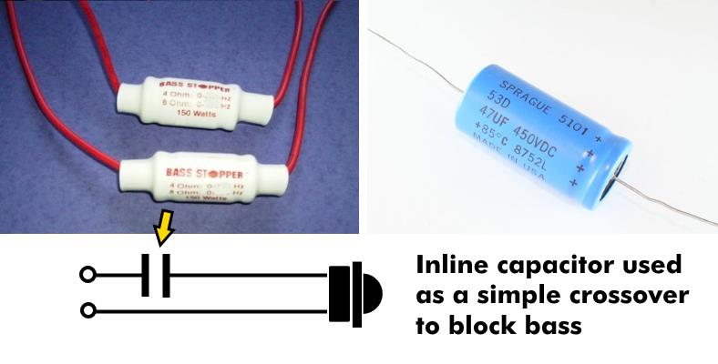 Image of a tweeter used with inline bass blocker capacitor speaker crossover example diagram