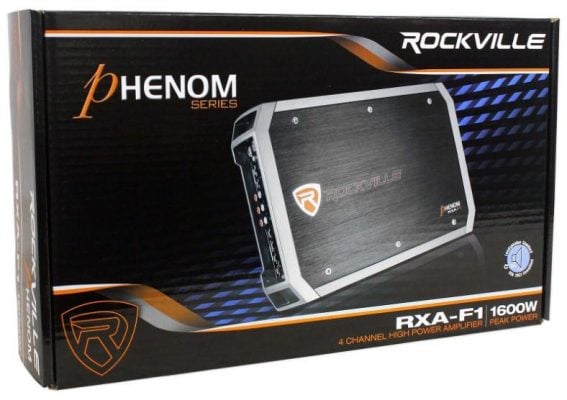 Front view of the Rockville RXA-F1 car amplifier packaging