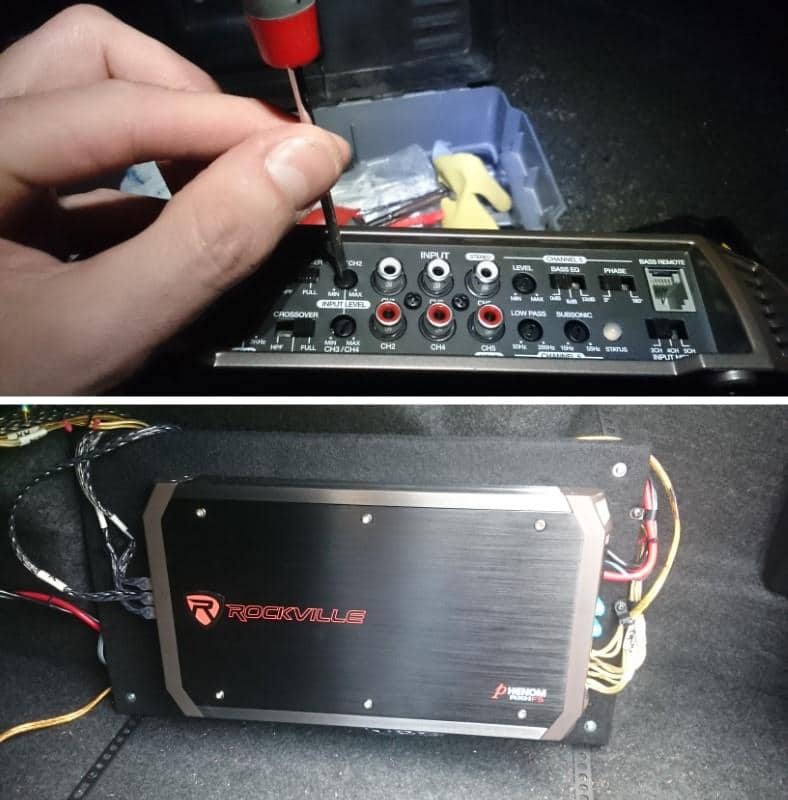 Images showing test installation of the Rockville RXH-F5 amplifier