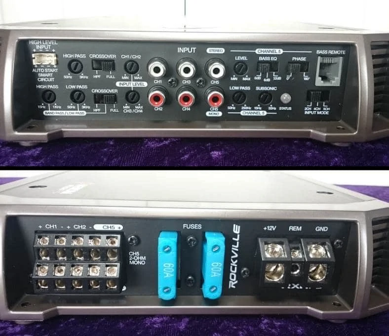 Closeups of the front and rear ends of Rockville RXH-F5 amplifier