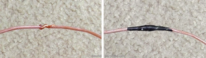 Example of speaker wire extended by twisting and wrapping with tape