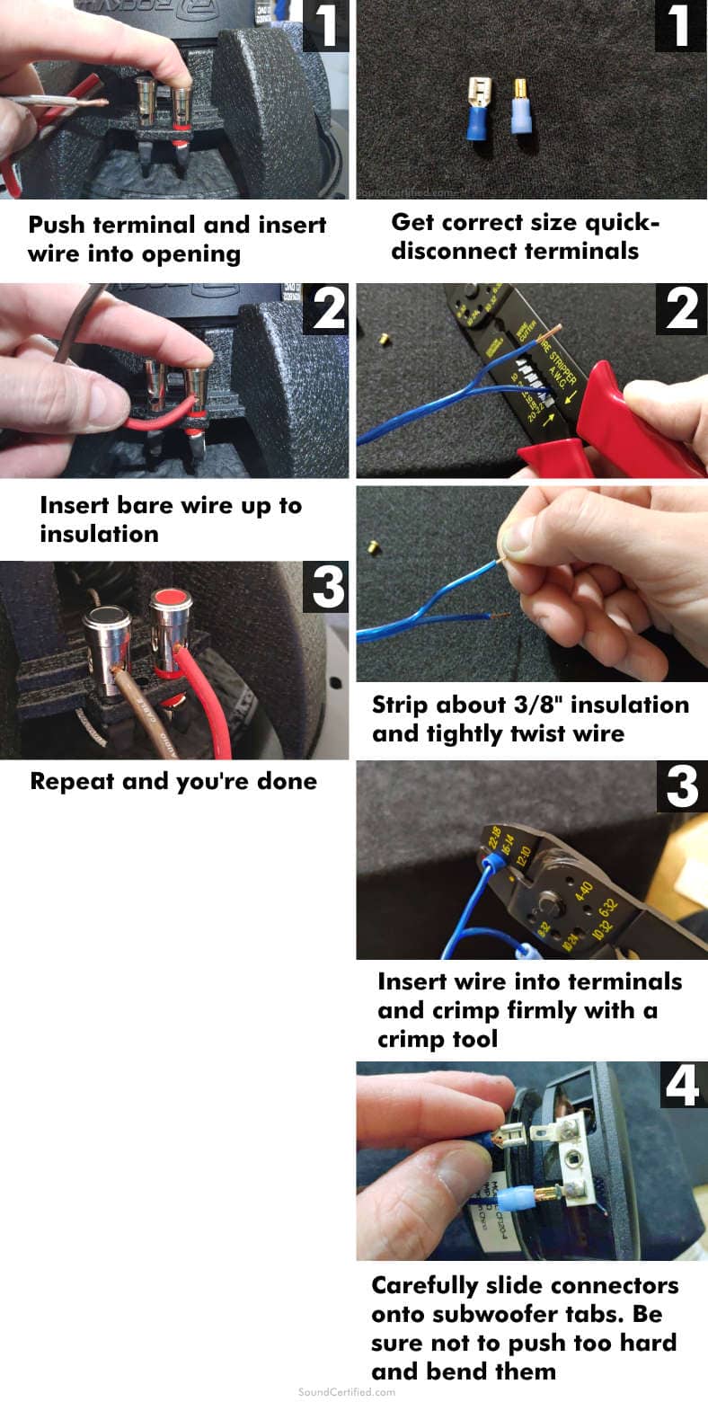 Image showing how to connect speaker wire to subwoofers step by step