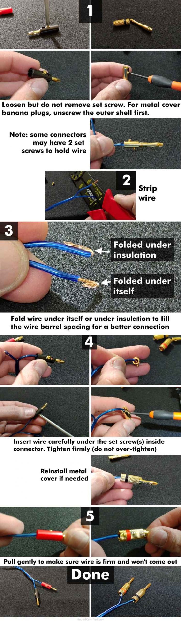 Image with instructions for how to connect speaker wire to banana plugs with set screws