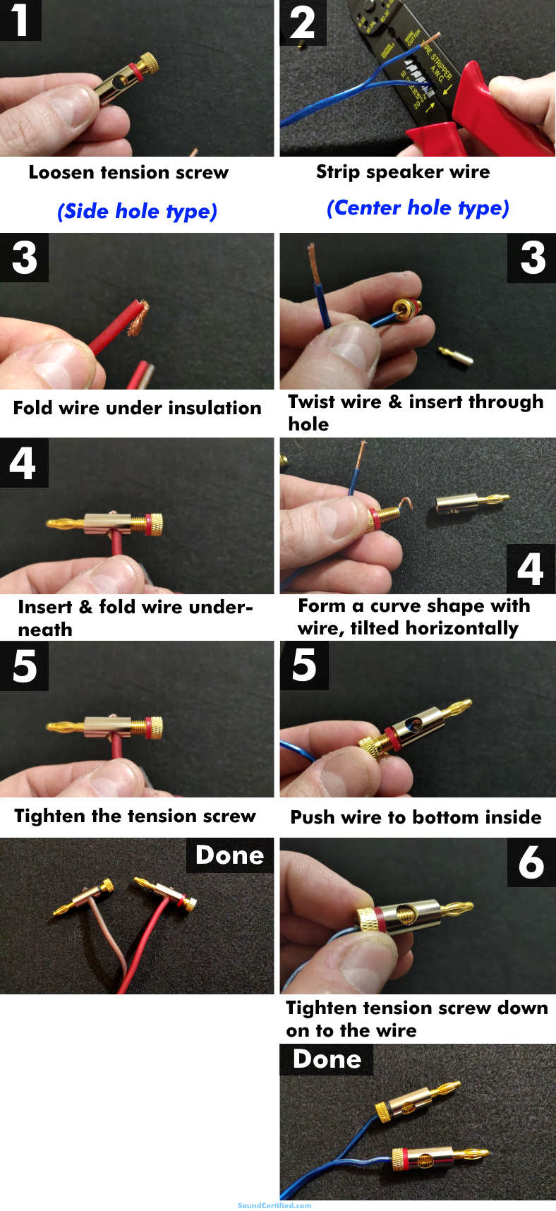 Image with instructions for how to connect speaker wire to banana plugs with binding post style