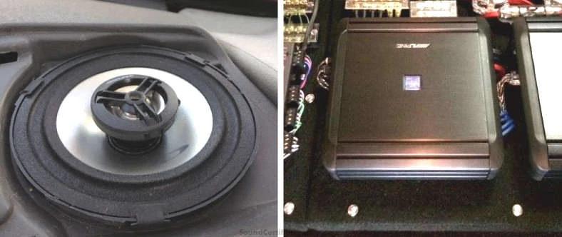 Coaxial speaker and car amplifier installation example image