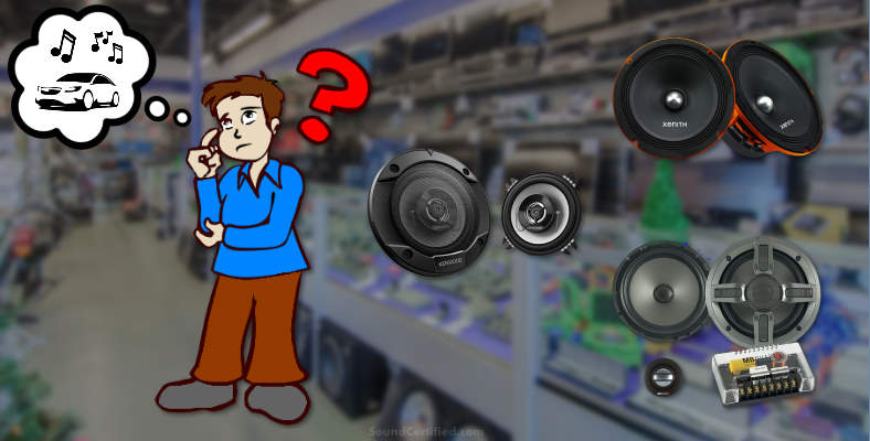 Image of confused man thinking about car speakers