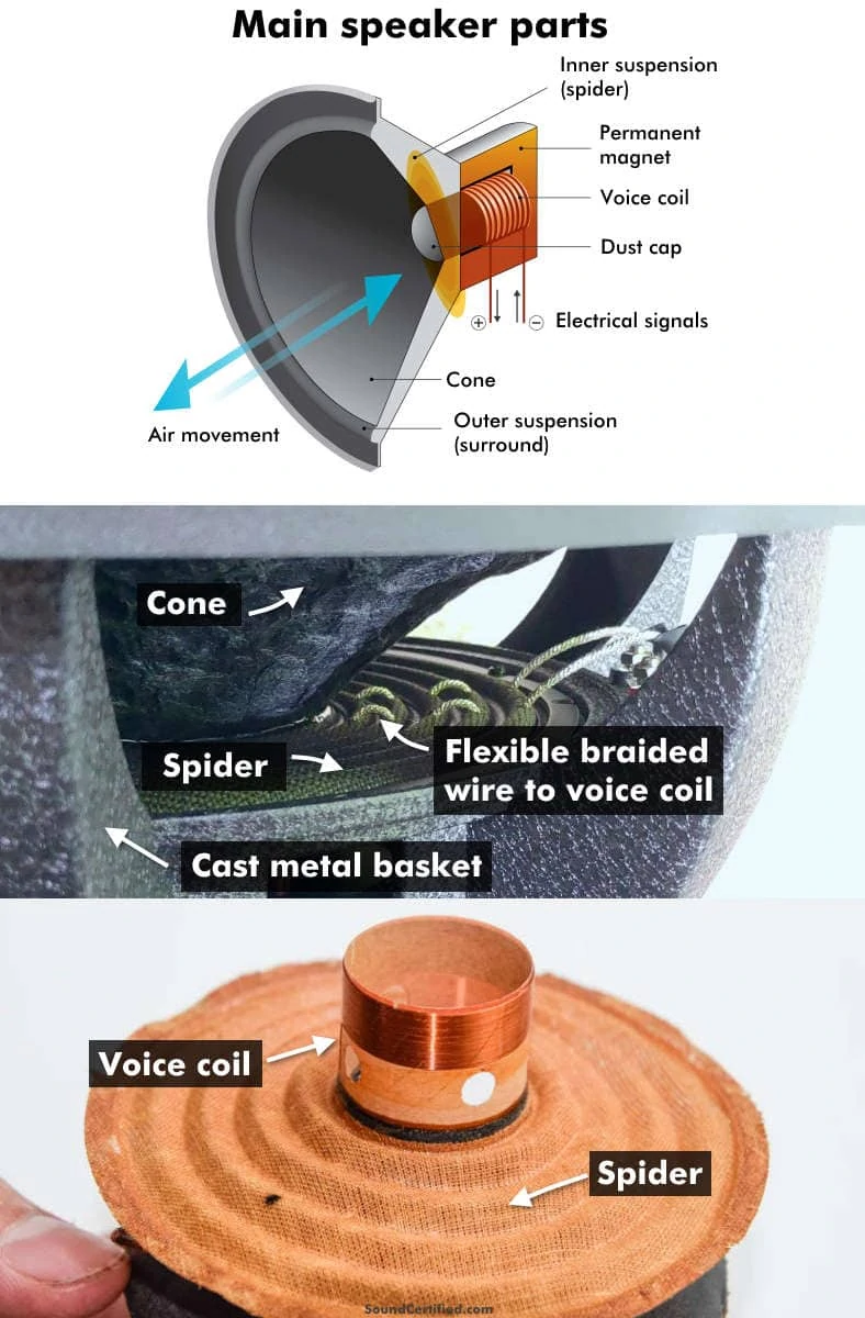 Diagram showing speaker parts and close up examples