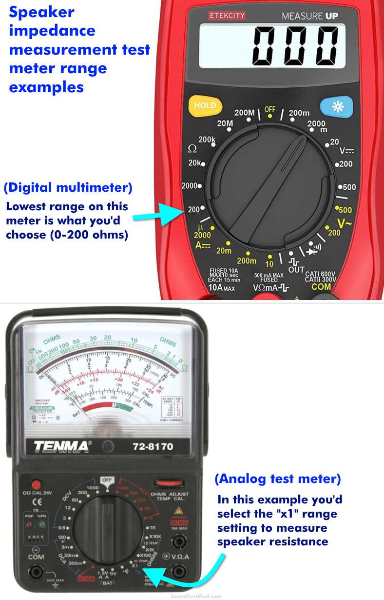Image showing examples of test meter resistance setting for measuring speaker impedance