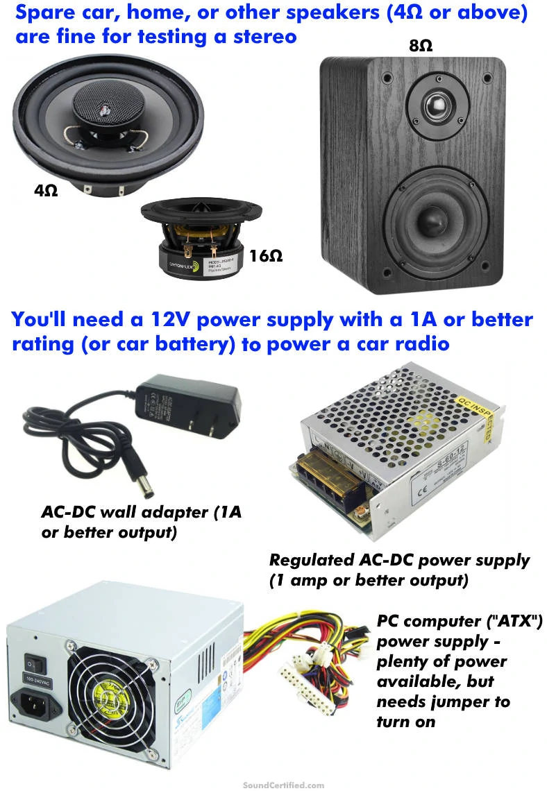 Examples of items needed to test a car stereo at home