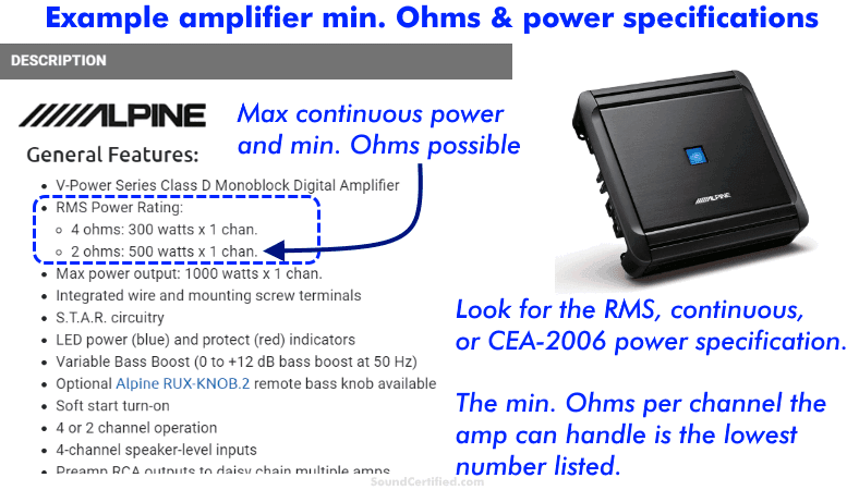 example of car amp minimum Ohms specification and max RMS power specification