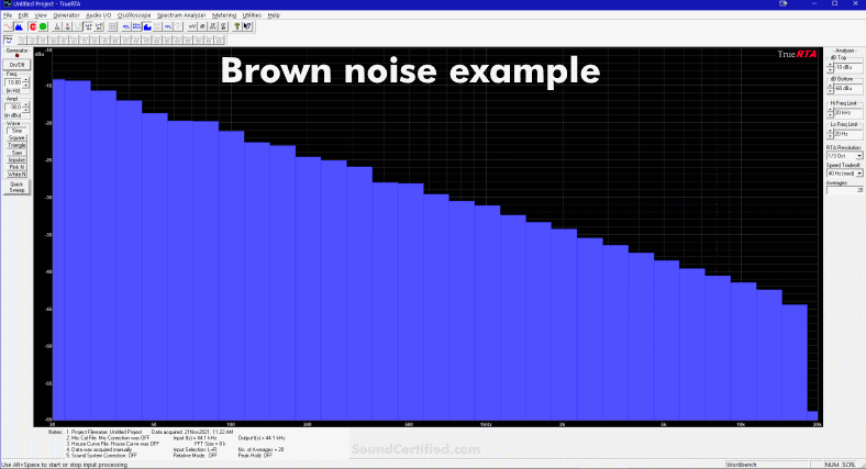 brown noise example snapshot on real time analyzer