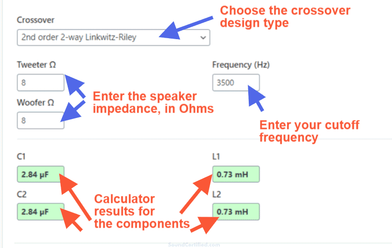 speaker crossover calculator inputs outputs labeled diagram